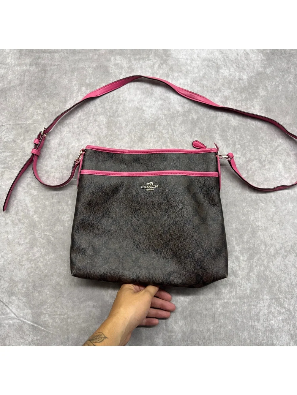 Coach Signature File Crossbody Bag Brown Coated Canvas Hot Pink Trim F23866